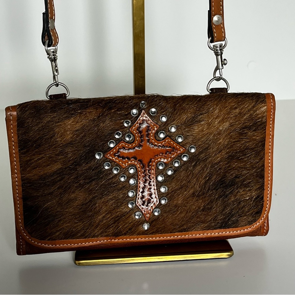 MONTANA WEST Tri-fold Crossbody Wallet Bag  Leather Cow Hide Fur And Rhinestones
